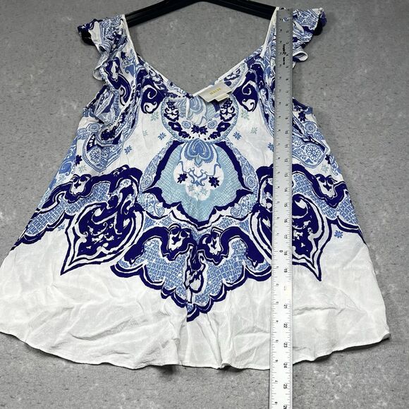 Anthropologie By Maeve Blouse Womens Sz 10 Clana Blue Motif Flutter Sleeve Top - Picture 6 of 10